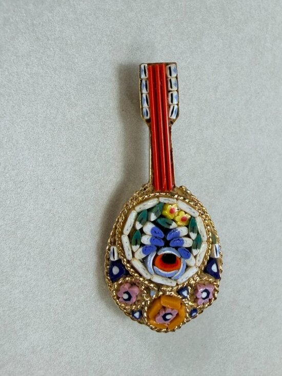 Estate Jewelry - Vintage Italian Micro Mosaic Mandolin Guitar Brooch Gold Tone Floral Italy Rare